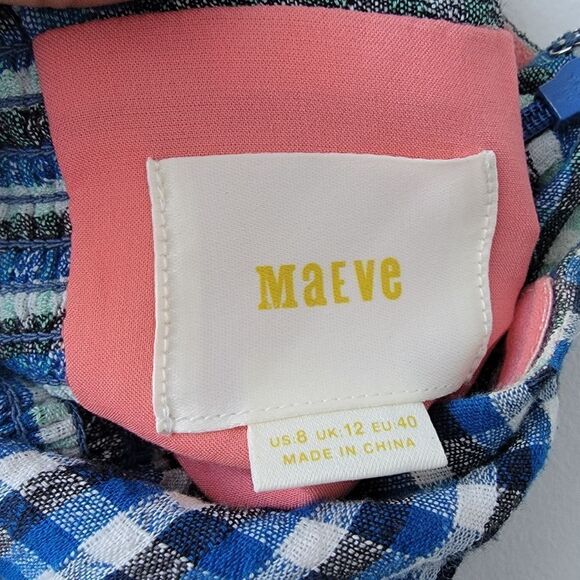 ANTHROPOLOGIE MAEVE One Shoulder Gingham Waverly Dress Blue Motif Size 8 - Picture 4 of 12